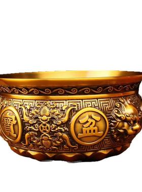 黄铜聚宝盆客厅玄关办公室浮雕复古狮头盆仿古色金色桌面摆件