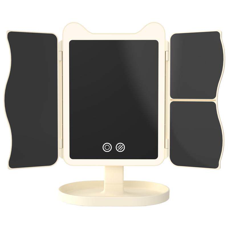 化妆镜子带灯充电款卧室桌面折叠补光升降贝壳镜led三色灯台式