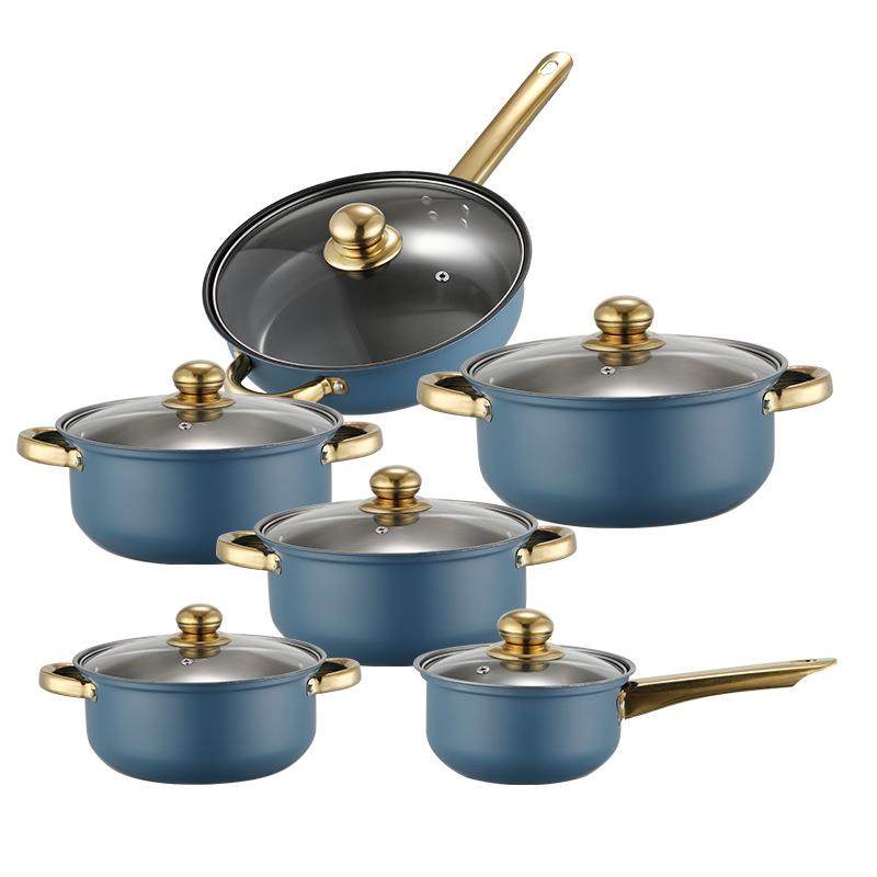 出口货源十二件套彩色不锈钢套装锅家用不粘锅cookwaresetpots
