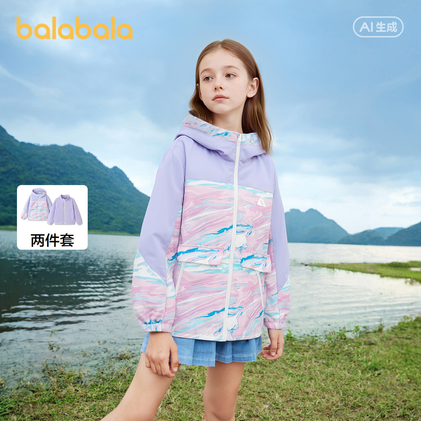 巴拉巴拉儿童外套女童冲锋衣2026春装新款童装拼色两件套紫色上衣