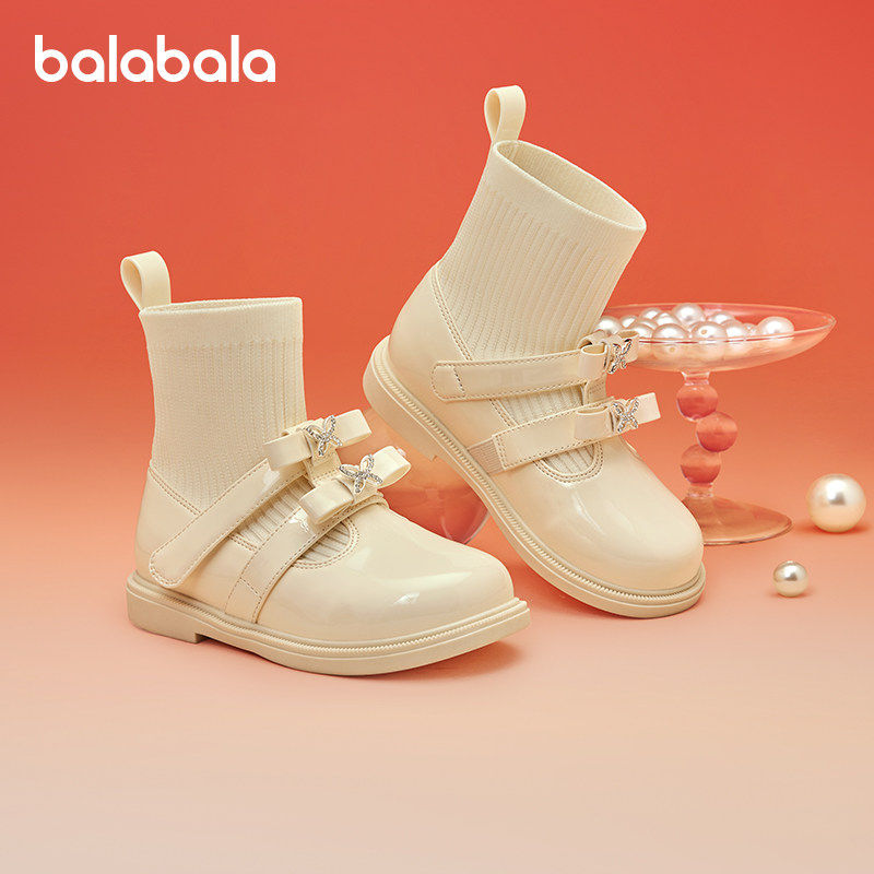 巴拉巴拉儿童靴子女童中筒袜靴中童甜美潮拜年鞋2025春季新款童鞋