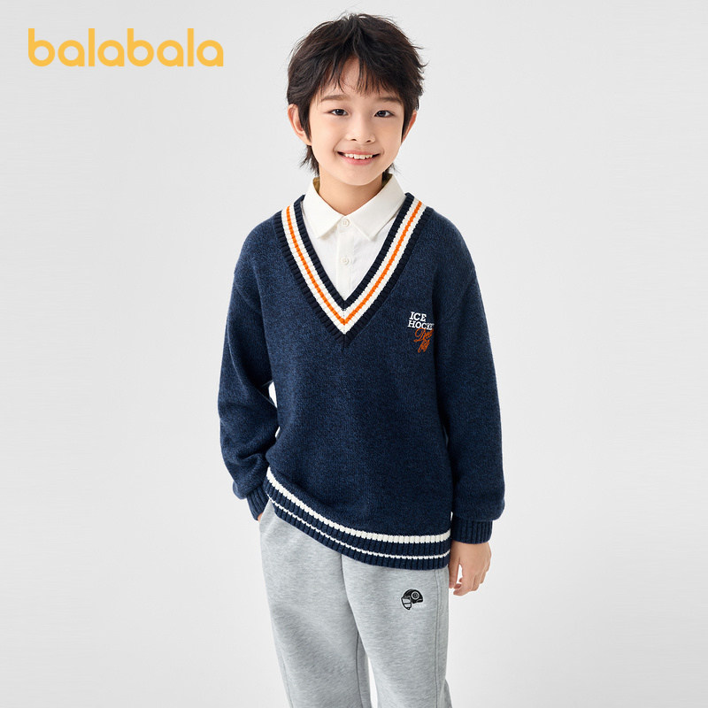 商场同款巴拉巴拉男童毛衣新款套头羊毛衫童装舒适中大童假两件小