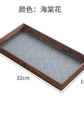 中式复古JEK木托盘压海棠玻花璃实木长方形茶杯收纳盘摄影道具摆