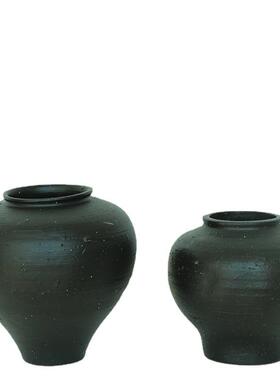 侘客厅插i装饰复古ZLF寂黑色粗陶花瓶中式ns风民宿禅意干花摆花件
