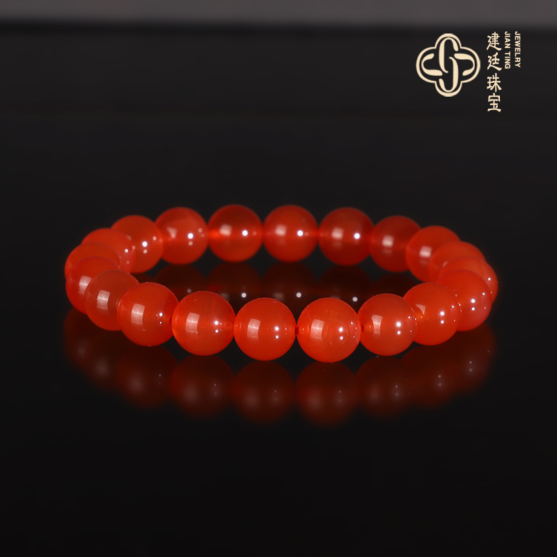 保山河湾冰红南红手串9.5mm毕业收藏冰种冰透起荧光 南红手链珠串