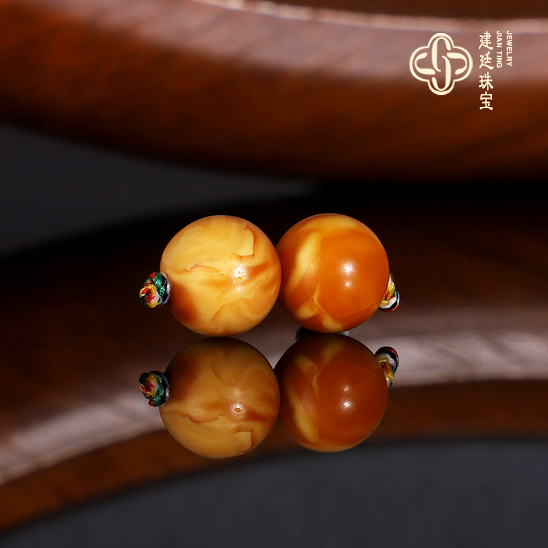 建廷天然俄料老蜡散珠8mm一对 B15 云端满蜡满密古董老花蜡配珠