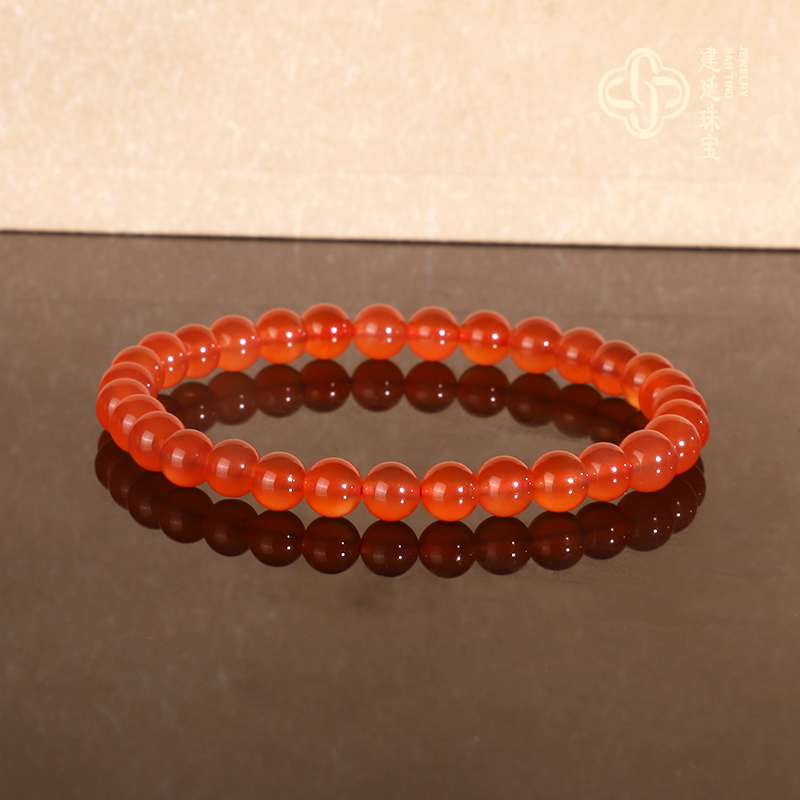 建廷原矿保山河湾冰红手串6mm 单圈 冰种荧光冰透南红手链珠串