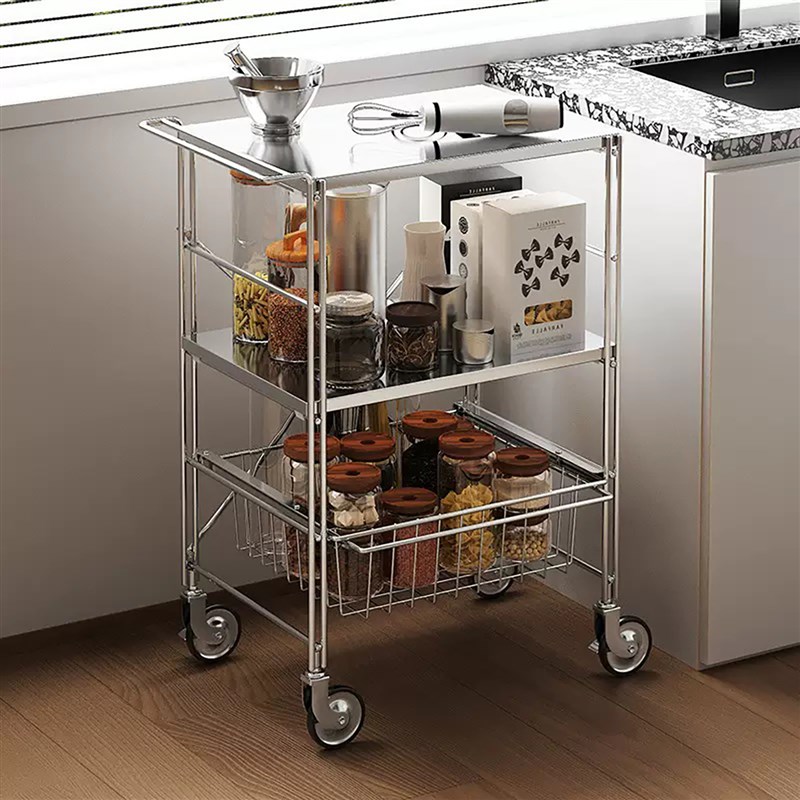 厨房置物架微波炉收纳家用不锈钢小推E车餐车烤箱烤盘储物2025新