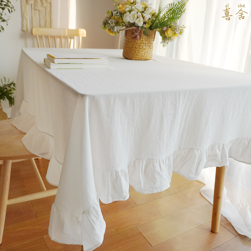 ins风荷叶边餐桌布白色野餐褶皱棉花H边圆桌布甜品摆台布茶几台布