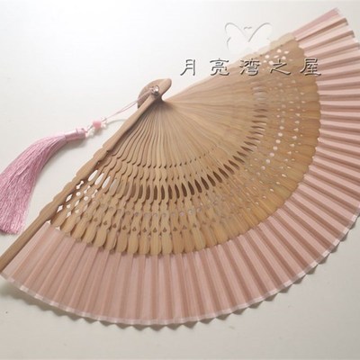 月亮扇 夏季6寸女扇真丝布折扇C旗袍走秀扇方便携带小扇子白色