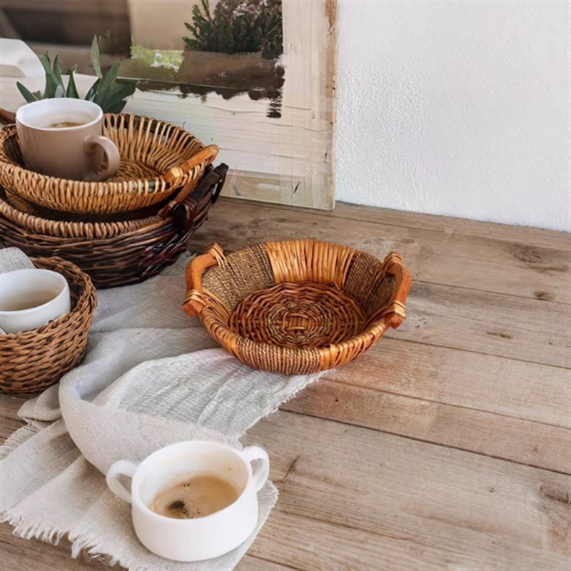 草编面 面包筐水果盘杂物收纳筐家用覆古客厅N水果篮编织柳编收纳
