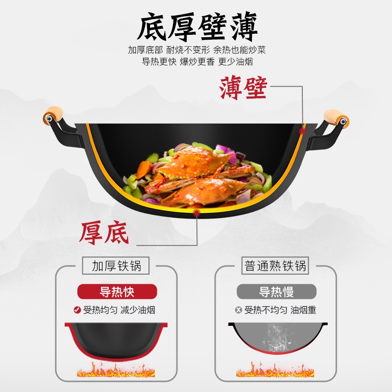 家用铸铁炒菜锅平底加厚双耳老式铁锅加J深电磁炉专用炒锅不粘大