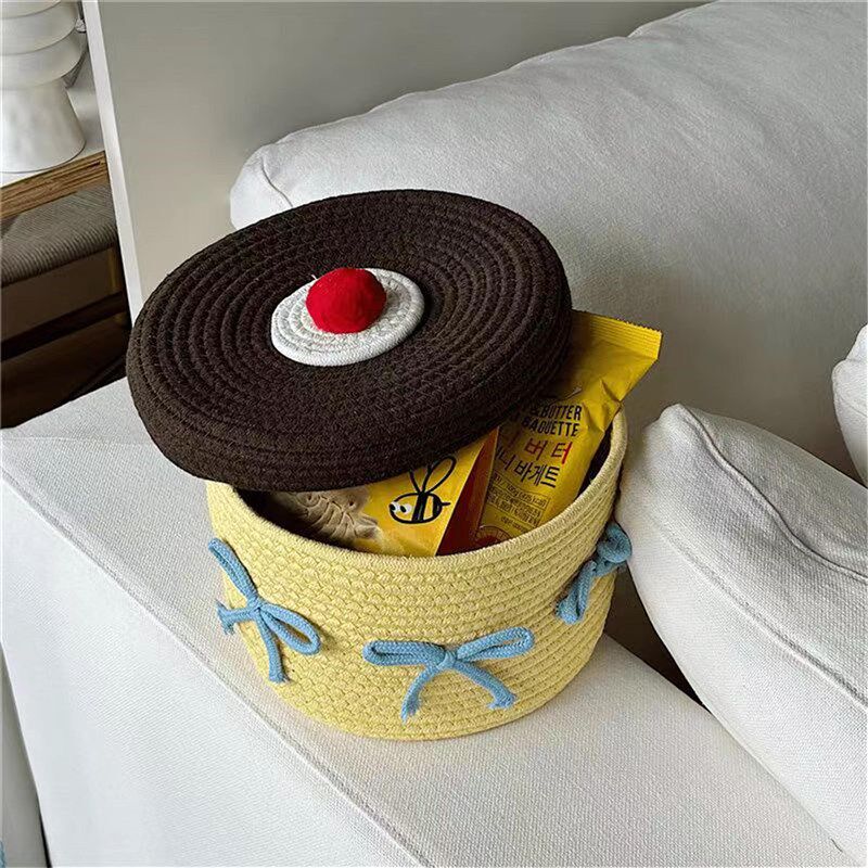 可爱布丁棉线编织收纳筐家用卧室带盖防K尘桌面收纳篮摆件收纳盒