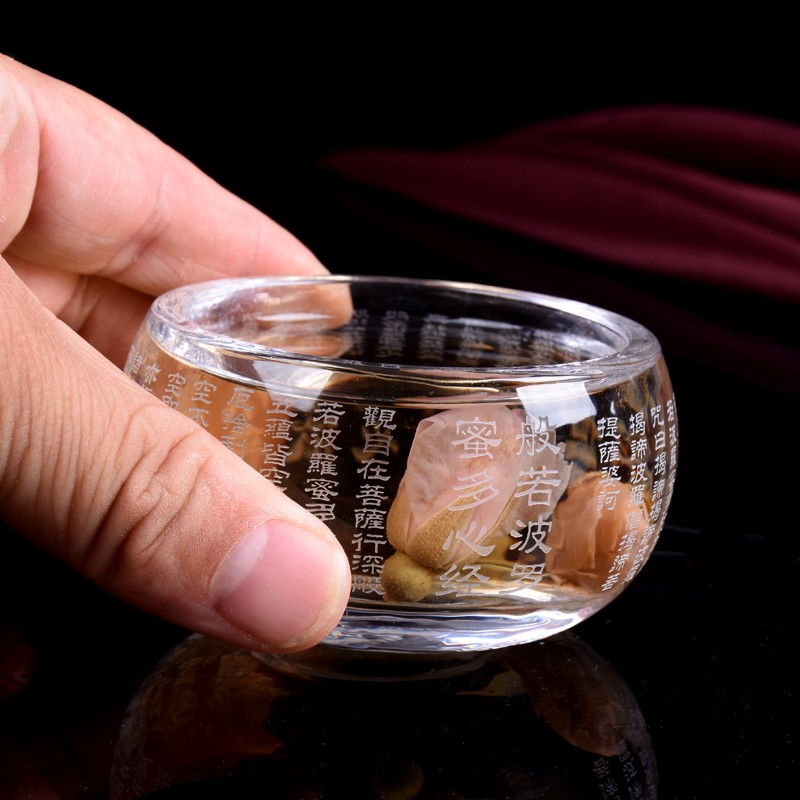 日式加厚水晶杯品茗杯佛佑杯刻大悲咒心I经药师咒主人杯单杯送杯