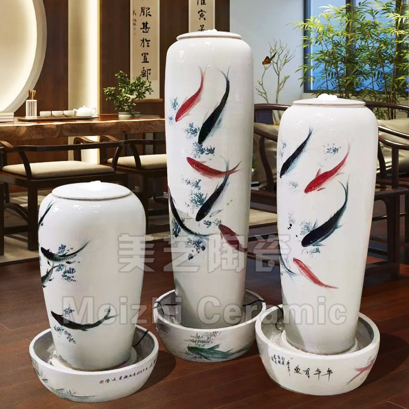 纯白色手绘水墨陶瓷流p水摆件循环水景花瓶涌泉陶罐客厅水系加湿