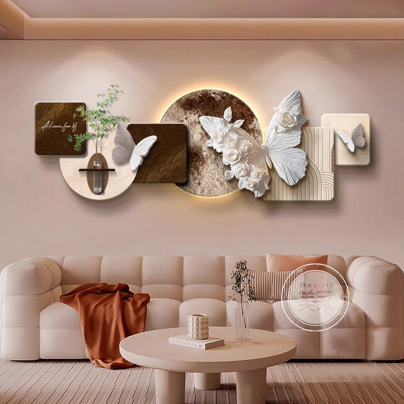 水培绿植客厅装饰画黑白简约沙发背景墙挂画蝴蝶高级感壁led灯画,家居饰品,现代装饰画,淘宝优惠券,粉丝福利购,淘宝优惠卷
