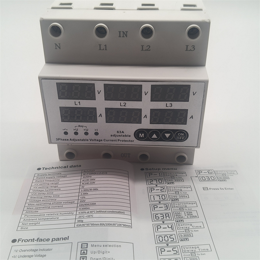 三相可调数显自复式过欠压限流保护器过载断电延时继电器100A63A
