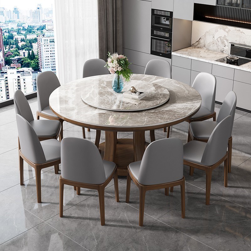实木岩板餐桌椅组合现代简约小户型圆形酒店家用圆桌带.转盘饭桌