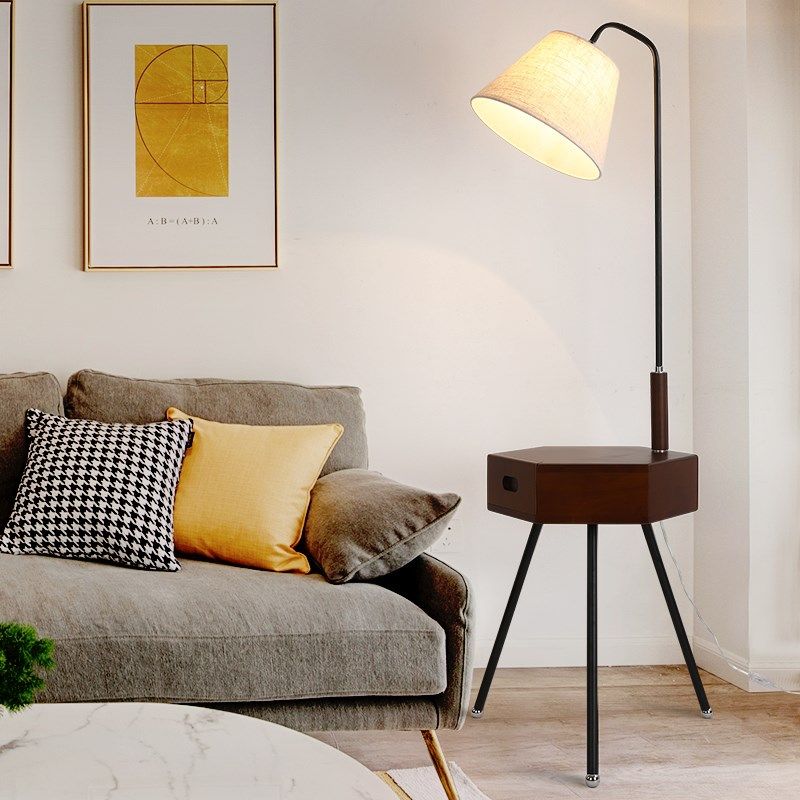带茶几的落地灯带桌置物架客厅沙发床头柜立灯简欧创意原木质装饰