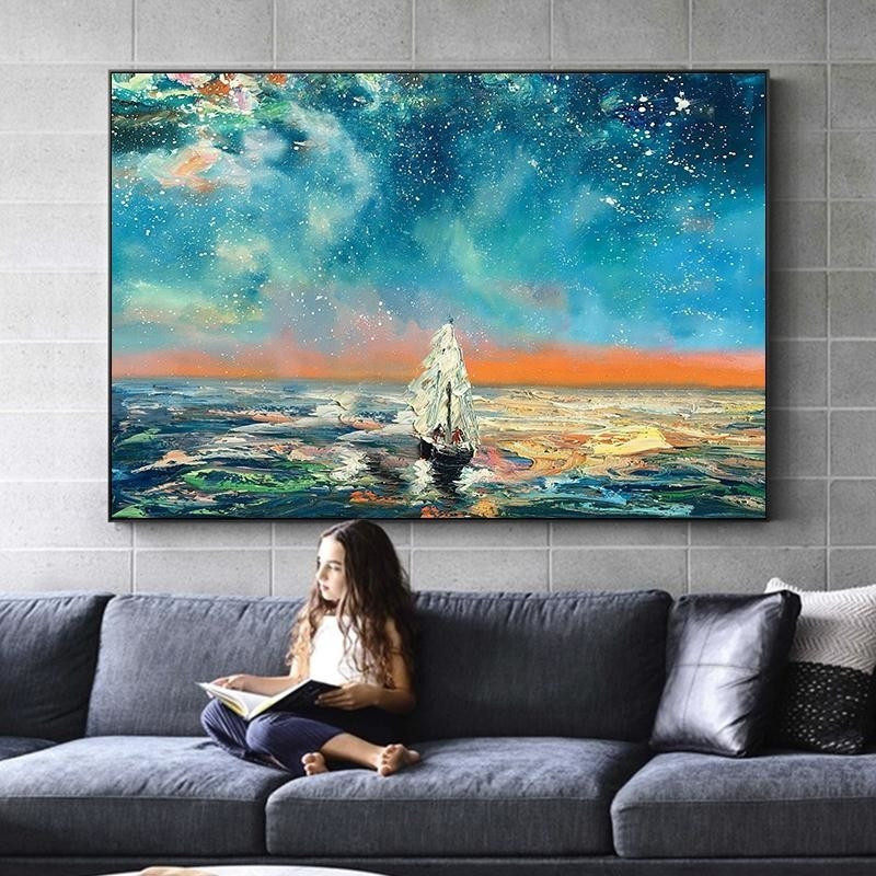 纯手绘大幅油画海上星辰客厅沙发背景走廊装饰画玄关卧室书房挂画,家居饰品,油画,淘宝优惠券,粉丝福利购,淘宝优惠卷
