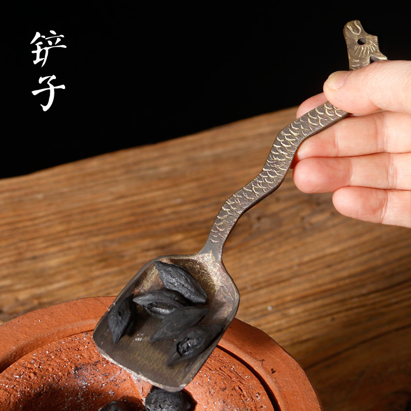 仿古铜筷老铜器茶道夹炭铲碳灰铜铲子铜火钳铜锤子炭炉.茶炉四件