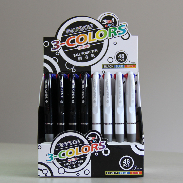 天丰黑白杆B-516D三色圆珠笔 0.7多色圆珠笔 厂家直销 48支/盒