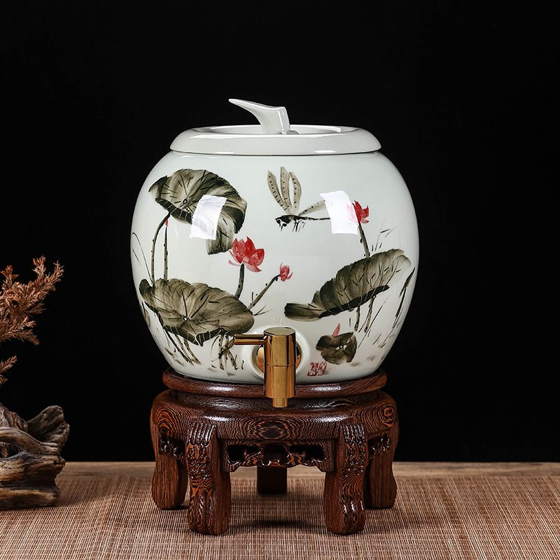 5升手画c陶瓷冷水壶带龙头装开水 汗蒸室凉瓶大容量家用耐高温泡