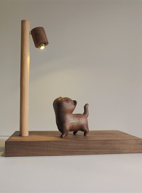 软萌治愈系 实木路灯傲娇猫木制摆件 桌面氛围柜子床头小夜灯礼物