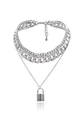Multi-layer necklace lock pendant chain diamond Cuban chain