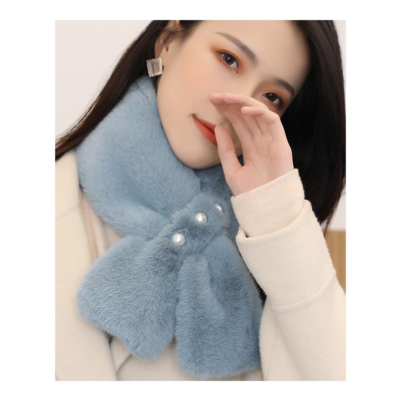 珍珠毛毛领子小围脖冬季女保暖交叉围巾可爱少女仿雷克斯兔毛绒韩