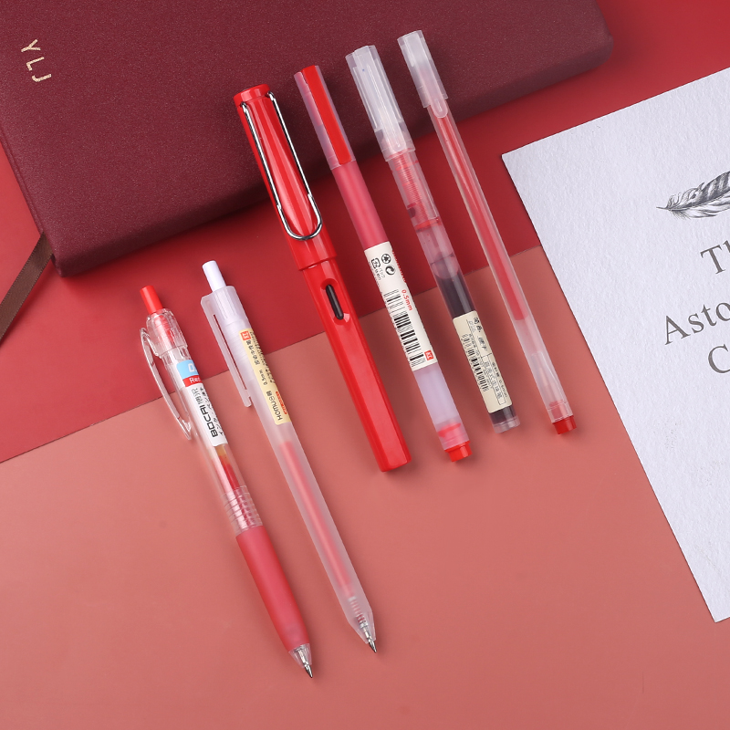 高颜值红笔老师专用批改作业学生做笔记划重点用ins日系按动式0.5