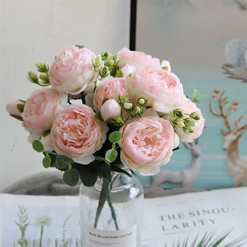 30cm Rose Pink Silk Peony Artificial Flowers Bouquet 5 Big H