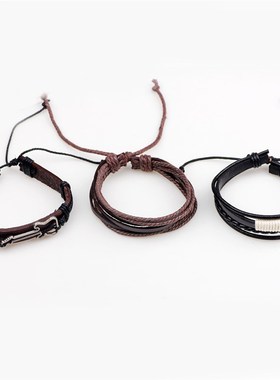 男士手錬欧美饰品皮绳编织牛皮手环 合金吉他三件套套装手饰