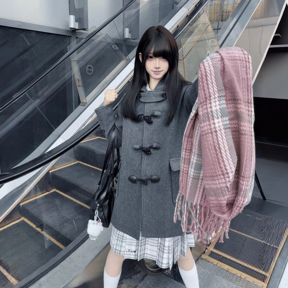 云靡JK风牛角扣大衣夹棉女日系冬季制服学院风灰色毛呢加厚外套,女装/女士精品,毛呢外套,淘宝优惠券,粉丝福利购,淘宝优惠卷