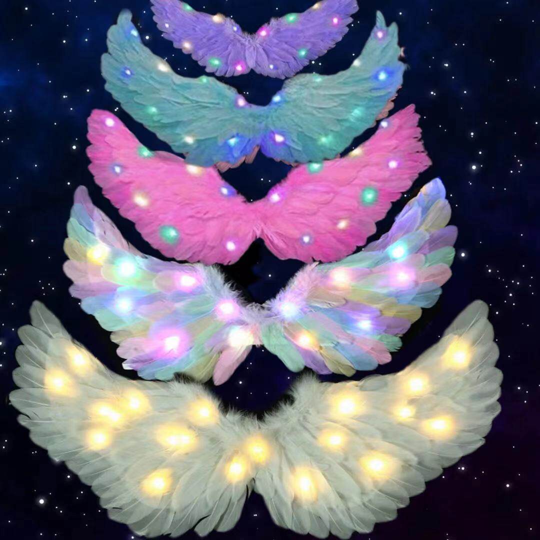 빛나는 깃털 날개 어린이의 등 장식 마술 지팡이 빛나는 장난감 3 피스 세트 깃털 날개 소품 배치