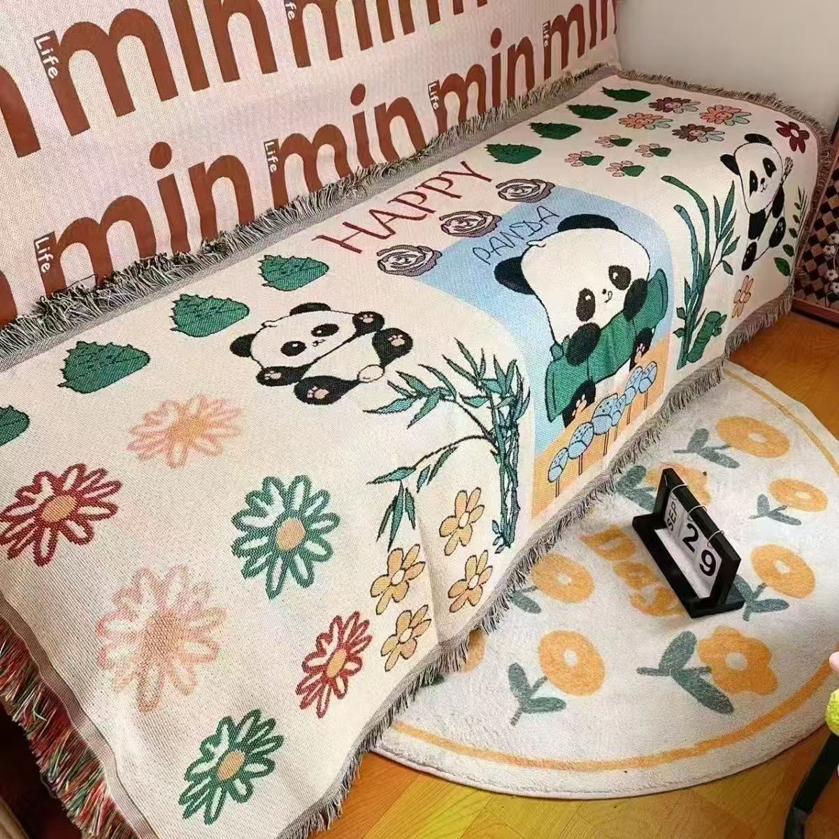 卡通熊猫印花沙发巾四季通用全盖防滑沙发垫双面加厚棉麻布艺盖布