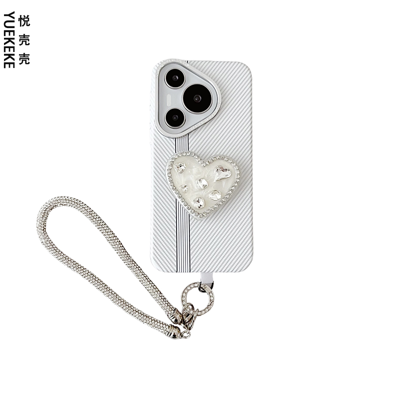 原创小众白色爱心水钻支架链适用华为pura70pro+手机壳碳纤维纹苹果15pro高级感个性挂绳新款mate60pro保护套