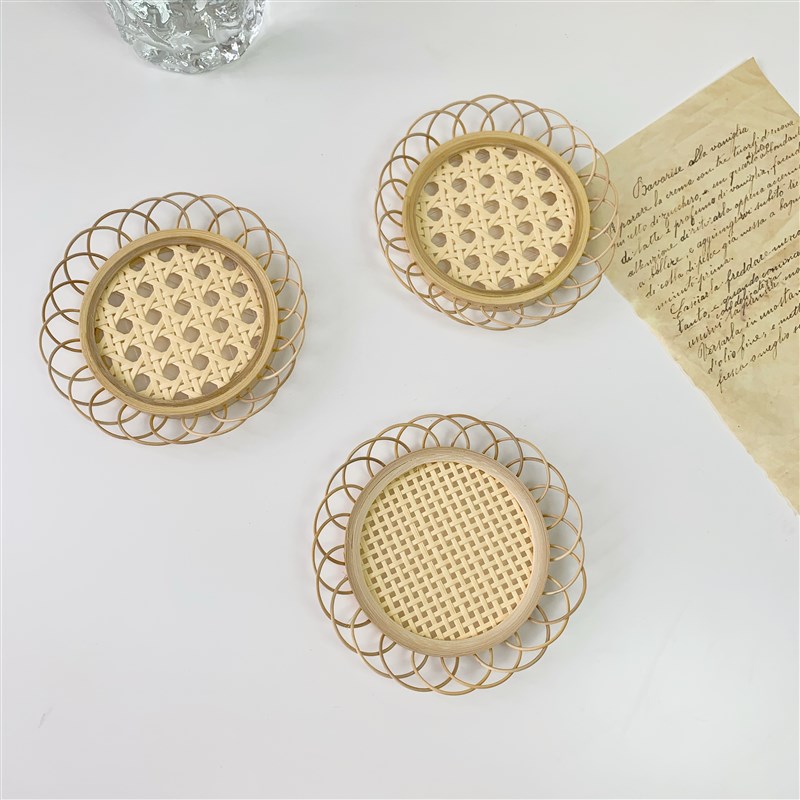 ins风竹编杯垫 隔热花边托盘花型 摆拍装饰收纳桌面摆件拍照道具