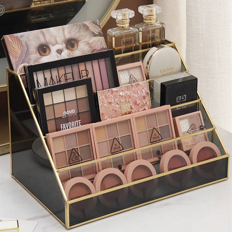 高雅黑玻璃粉饼眼影盘展示架腮红口红收纳盒金边桌面化妆品收纳架