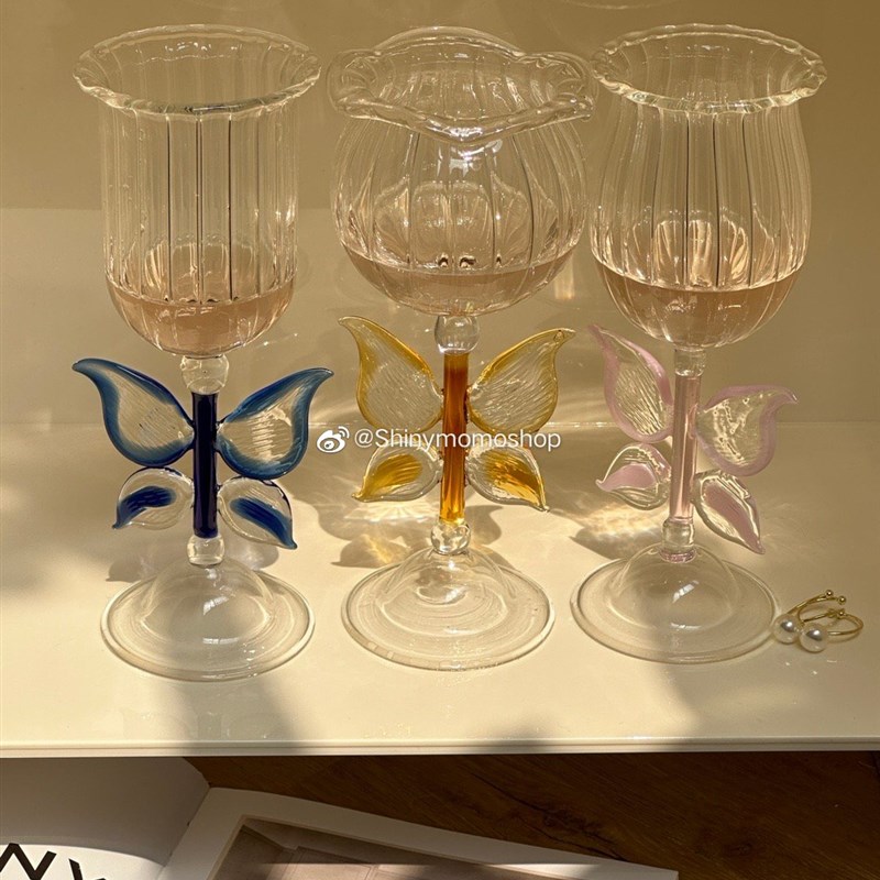 Shinymomo创意手工蝴蝶玻璃酒杯彩色翅膀玻璃杯ins韩式母亲节礼物
