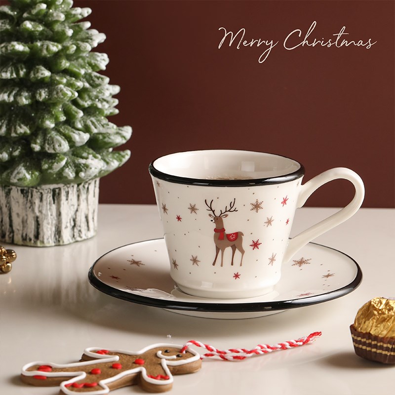 蓝莲花家居圣诞陶瓷杯子精品女生喝水可爱咖啡杯碟家用带把马克杯