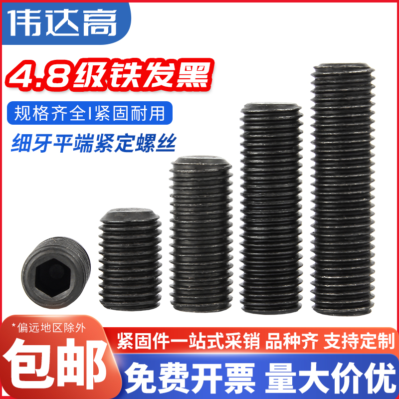 4.8级细牙紧定螺钉无头内六角螺丝平端机米顶丝M8M10M12*1M14M16