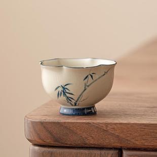 草木灰熊猫戏竹茶杯家用主人杯单杯功夫茶具陶瓷花瓣杯品茗杯茶盏
