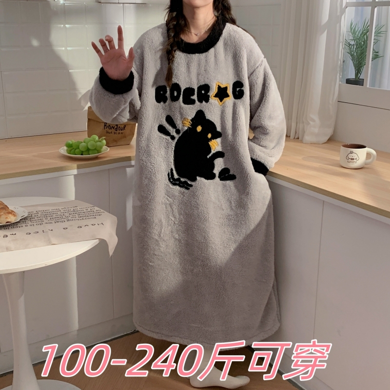 特大码240斤珊瑚绒保暖睡裙女冬季胖MM200斤加肥宽松睡衣家居服女