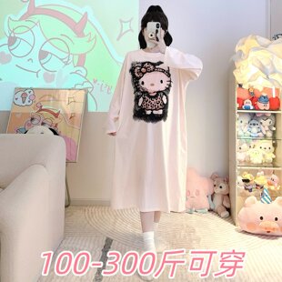 特大码300斤纯棉睡裙女春秋季胖MM200斤加肥印花卡通长袖家居服女