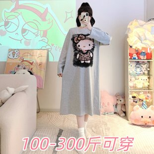 春秋季300斤特大码纯棉长袖睡裙女胖MM200斤加肥印花卡通家居服女