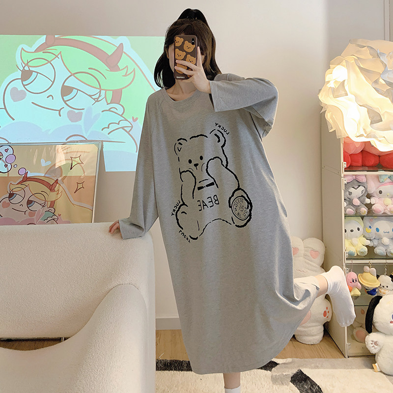 春秋季大码300斤纯棉睡裙女胖MM200斤加肥宽松印花长袖家居服女