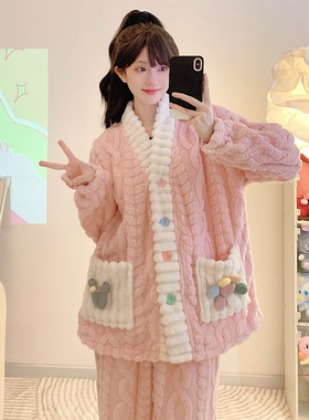 冬季大码230斤珊瑚绒开衫保暖睡衣套装女冬季胖MM200斤加肥家居服