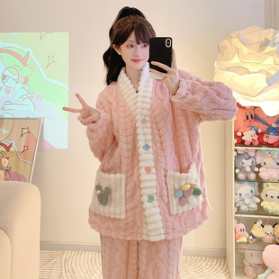 冬季大码230斤珊瑚绒开衫保暖睡衣套装女冬季胖MM200斤加肥家居服