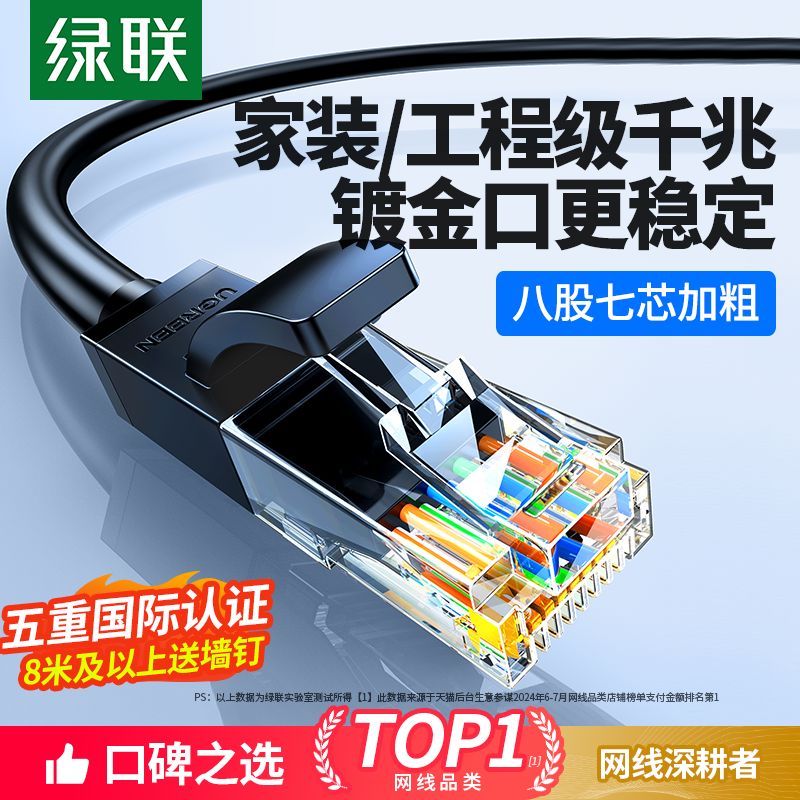 绿联网线家用宿舍千兆超六类6五5连接线电脑宽带路由器网络成扁